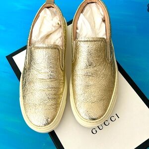 Authentic GUCCI Metallic Gold Foil Slip On Shoes Size 37
